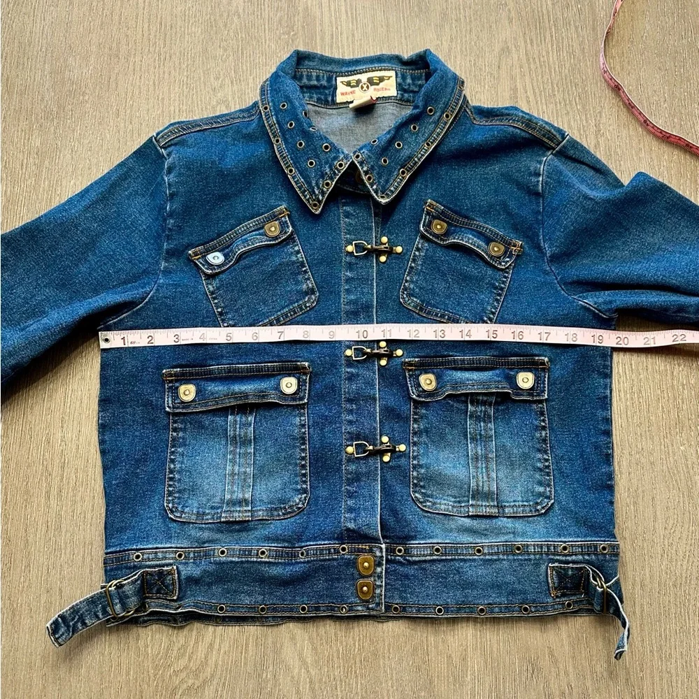 Wayne Rogers Denim Jacket Medium Eagle Back Grommet Toggle Moto Western Y2K - Picture 5 of 7